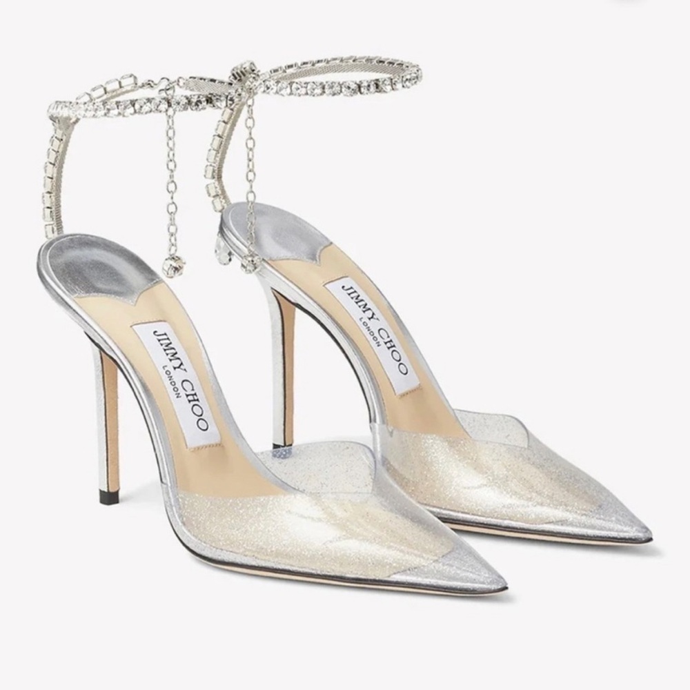 Jimmy Choo Saeda 100 Glitter Plexi Pumps with Crystal Embellishment